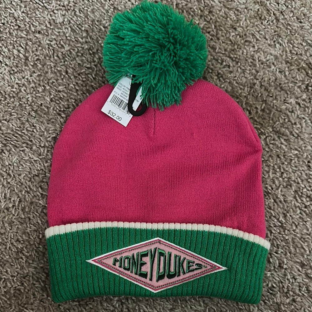 NWT HoneyDukes Pink and Green Knit Hats with Pom-Poms